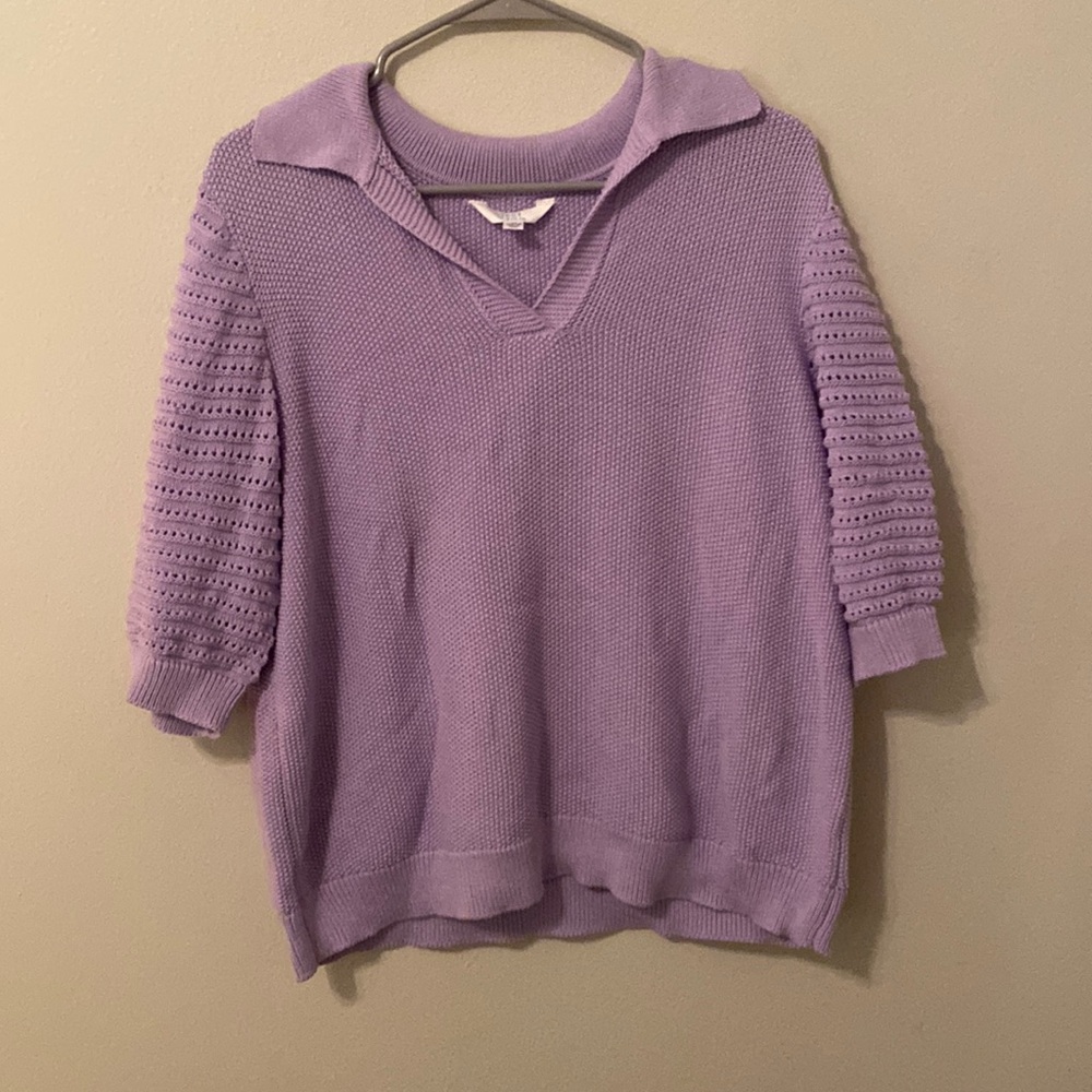 Time and Tru Lilac Knitted Collared V-Neck Top + 3/4 Sleeves [Size: XL (16-18)]